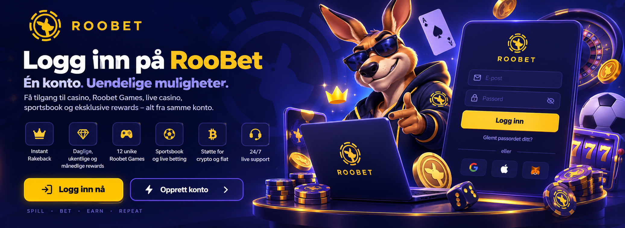 RooBet login – én konto til casino, rewards, crypto og sportsbook